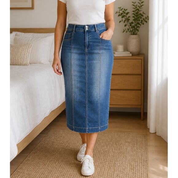 Dresses & Skirts - Denim Midi Skirt 18W Stretch Blue Panel Seam Pencil Back Slit Casual 2XL